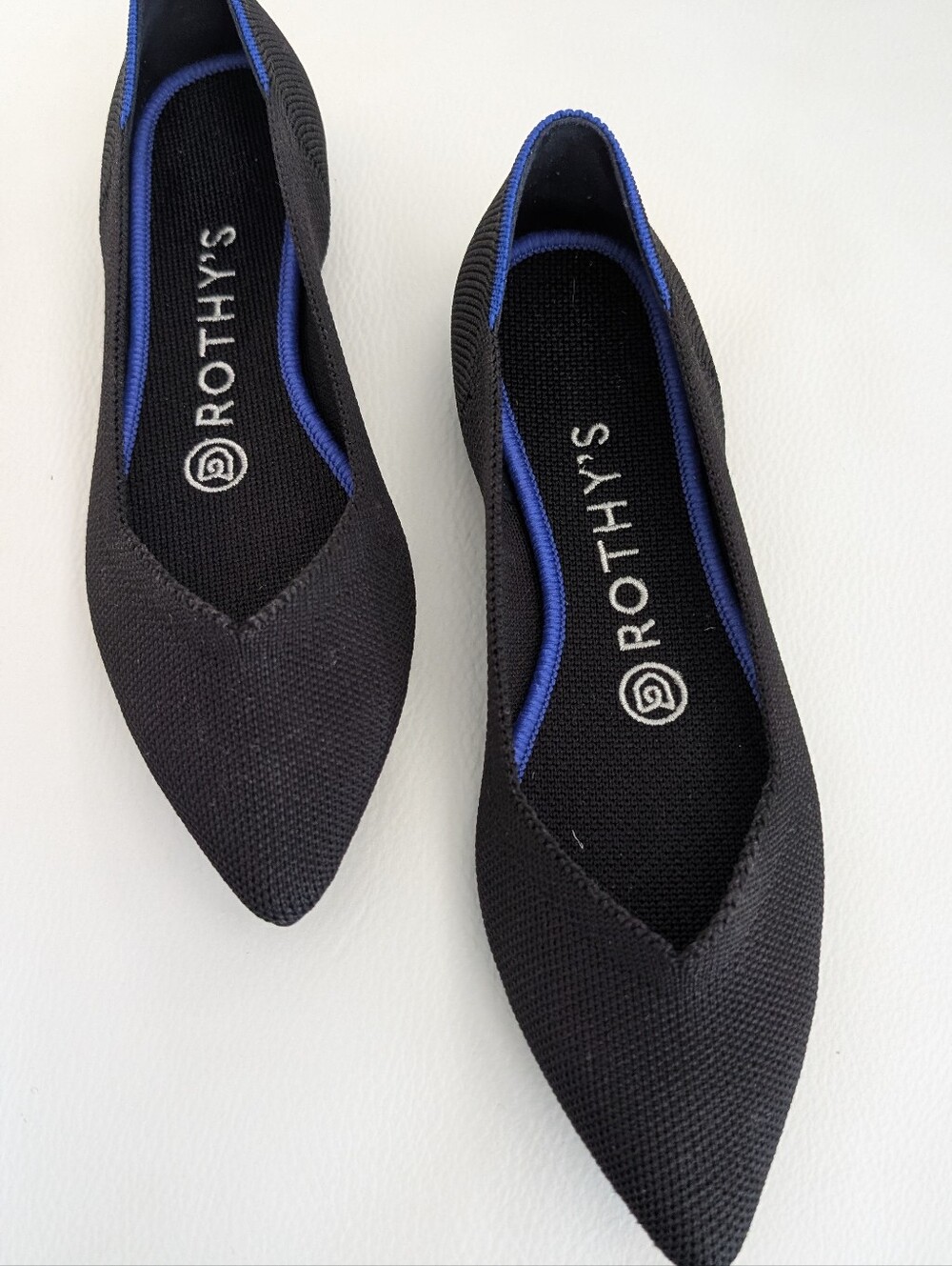 Rothy's Black Pointed Knit Flats with Blue Trim - NEW